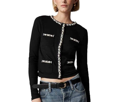 SCOFEEL Women's Pearls Rhinestones Crop Cardigan Long Sleeve Open Front Lightweight Jacket Trendy Y2K Retro Coat