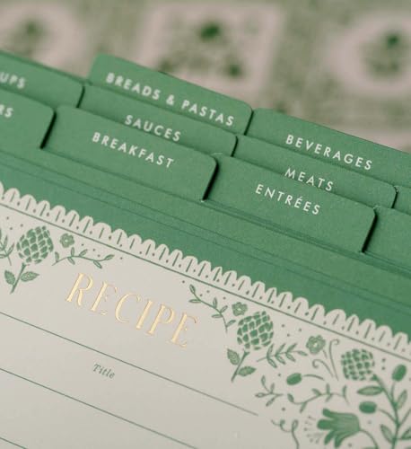 RIFLE PAPER CO. Recipe Tin, Includes 24 Individual Cards and 12 Dividers, Holds Approximately 200 Inserts, Box Size 4.25\" W x 6.25\" L x 5\" H, Artichoke
