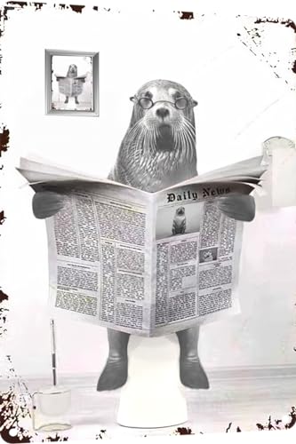 TopPacific Metal Tin Sign Vintage Otter Toilet Reading Newspaper Humour Funny Animal Whimsy Animal for Home, Bathroom and Toilet Wall Decor 12x16 Inch(803B)