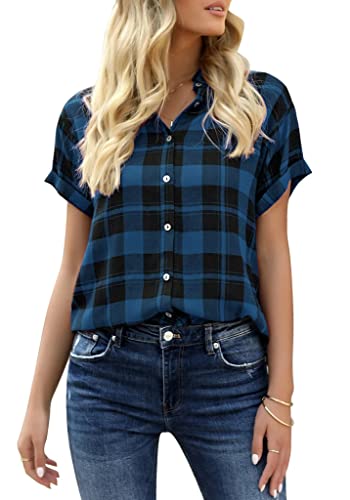 Veatzaer Women's Plaid Short Sleeve Button Down Shirt Casual Summer Blouses