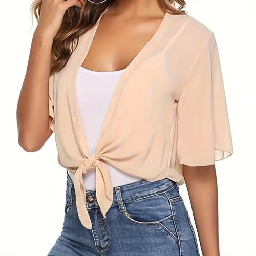 Image of Women's Chiffon Cropped Bolero Sheer Shrugs for Dress Short Sleeve Tie Front Cardigan