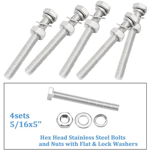 Image of 4 Sets 5 /16-18 x 5 inch Stainless Steel Hex Head Screws Bolts, Flat, Nuts & Lock Washers,Hex Bolts 18-8(304) Full Thread
