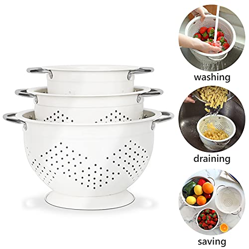 Hillbond Colander Set Of 3, 1.5, 3, 5 Qt Powder Coated Metal Strainers With Riveted Stainless Steel Handles And Stable Base, For Draining Pasta, Fruits, Veggies, White #TOP1
