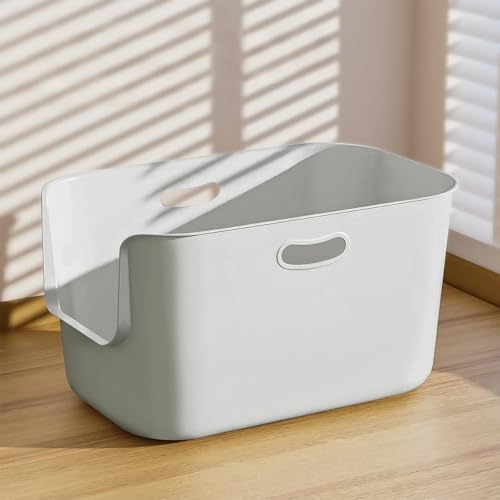 猫トイレ 大型 ネコ ねこ 猫トイレ本体 大きい 深い 飛び散り防止 オープンタイプ シンプル 一体成形 お掃除 ラクラク 取っ手付き 56×40×35cm（グレー）