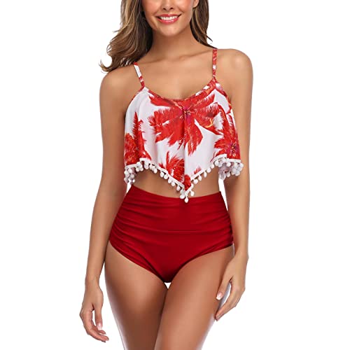 Bikini Femme 2 Pièces Sexy Haute Taille Imprimé Volants Franges Grande Taille Maillot De Bain pour Plage Tenue Baignade pour Vacances(Red, M)