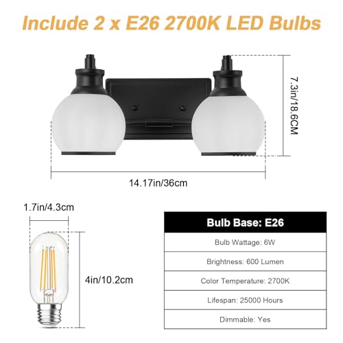 Image of 2 Light Modern Bathroom Light Fixtures Over Mirror (LED Bulbs Included), Black Vanity Lights for Bathroom Wall Sconces with Milky White Globe Glass Shades
