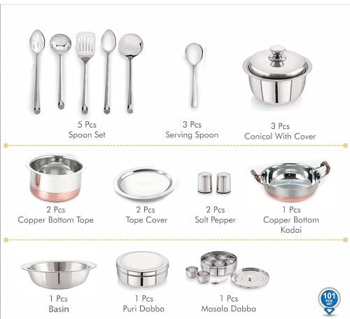 Image of VENZIO Premium 101-Piece Stainless Steel Dinner Set | Complete Kitchen Combo with Storage Drum, Cookware, and Cutlery | Mirror Finish Food-Grade Steel Gift Set for Home and Weddings