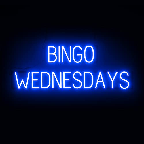 Image of SpellBrite LED Neon BINGO WEDNESDAYS Sign for Business - Blue, 41 inch x 15 inch | Ultra-Bright Click-Together Signage for Bars & Restaurants, with Visibility from 500 ft - 8 Animations, 6 Brightness Levels