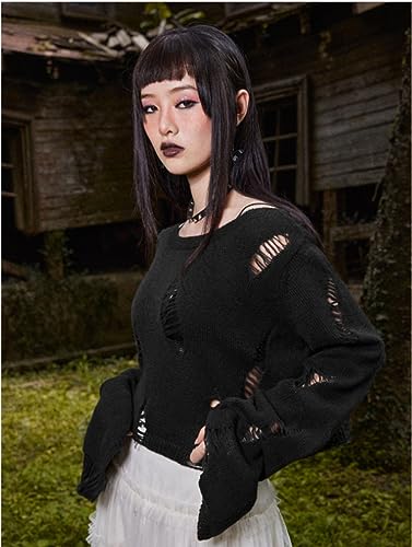 Image of URAWESO Gothic Hollow Sweater Ripped Punk Crochet Tops Distressed Gyaru Y2k Black Knit Pullover with Holes