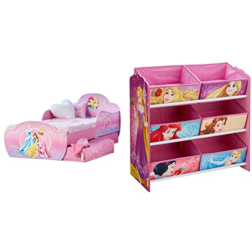 Worlds Apart Disney Princesses - Lit pour Enfants avec Espace de Rangement sous Le Lit, Rose, 59x77x145 cm & 866361 Meuble de Rangement pour Chambre d’Enfant avec 6 bacs, Bois, Multicoloured, New