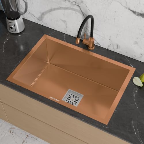 Image of HARDSTONE Premium Kitchen Sink | Single Bowl 24x18x9 Inch | Handmade Heavy Duty Stainless Steel Wash Basin with Matte Rose Gold Finish | Includes Waste Hose Pipe, Coupling & Drying Rack | Rose Gold