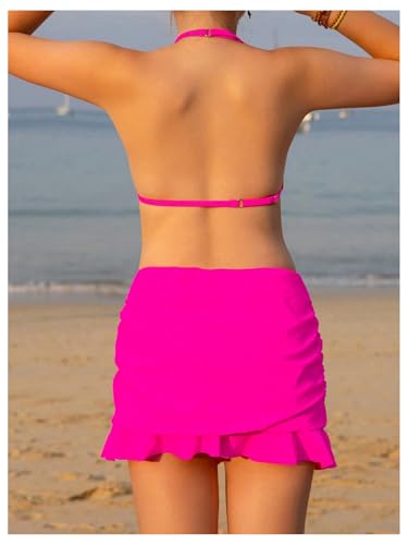 SweatyRocks Girl's Ruffle 3D Floral Halter Swimsuit Ruched 3 Piece Bathing Suit with Beach Skirts2