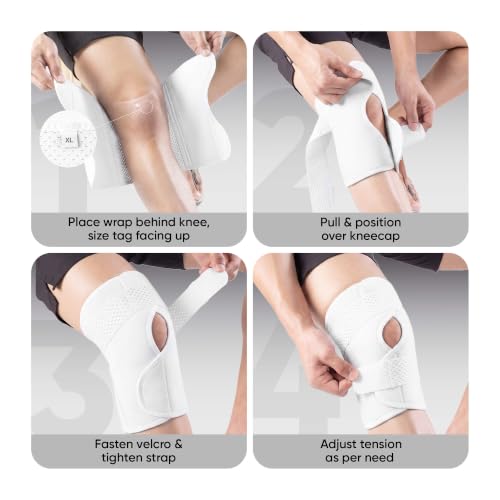 Image of Frido Orthotics Knee Support Wrap | Adjustable Knee Brace with Open Patella & Compression | Pain Relief for Arthritis, Meniscus Tear, Injury | Gym, Sports, Running, Walking, Size-M, 1 Unit-White
