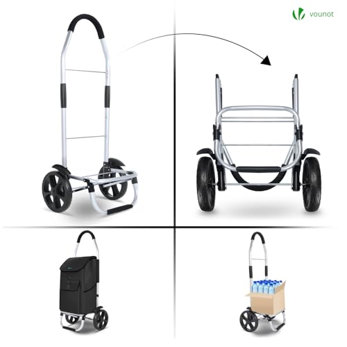 VOUNOT Einkaufstrolley Klappbar aus Aluminium mit 45L Wasserdichter Tasche, 2 Extra große Räder mit Schutzblech, Faltbarer Einkaufswagen, Treppensteiger Trolley, Schwarz – Bild 4