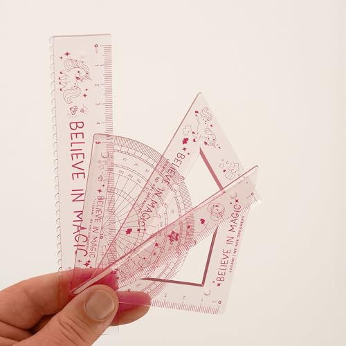 Legami - Geometrie Set, Set mit 15 cm Lineal, 10 cm 60° Quadrat, 180° Winkelmesser für die Schule, inkl. Koffer, flexibles Material, Unicorn-Motiv