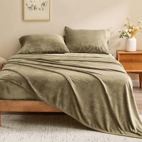 Image of BEDELITE Flannel Sheets King Size Camel - Super Soft Fleece Sheets Set Fluffy Extra Plush, 4 Piece(Include Fitted Sheet, Flat Sheet, 2 Pillowcases)