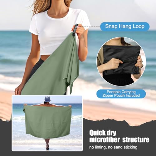 Quick Dry Travel Towel, 3 Sizes 1 Pack Camping Microfiber Towel, Lightweight Fast Drying Towels Set 60″x30″, 30″x15″, 15″x15″ w/Bag for Gym, Beach, Hiking, Swimming, Army Green