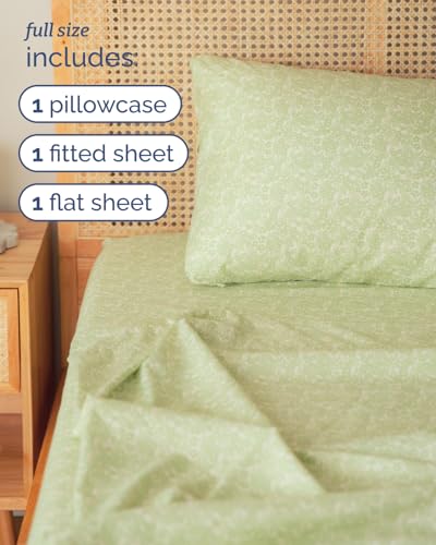 Image of Full 4 Piece Floral Sheet Set - Breathable & Cooling - Mint Garden Bloom | 1 Flat, 1 Fitted & 2 Pillowcases w / Deep Pockets, Boho Botanical Floral Bedding, Breathable & Cooling, Wrinkle & Fade Free