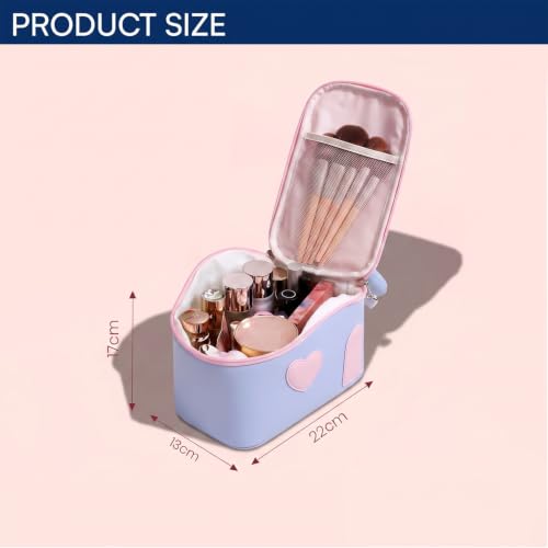 Image of House of Quirk Large Capacity Makeup Bag for Women, Portable Cosmetic Organizer, Water-Resistant Travel Toiletry Bag with Handle, Cute Heart Design, Zipper Vanity Storage Case (Blue /Pink)