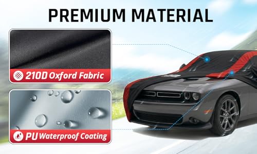 Image of Challenger Car Cover Waterproof All Weather with Red Strip Design, Custom Fit for Dodge Challenger 2008-2026 SXT GT R /T Scat Pack SRT Hellcat, Challenger Accessory with Door Zipper & Windproof Straps