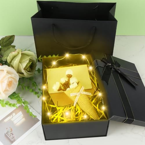 Geschenkbox mit Deckel, 22,5 x 16 x 8,5cm Schwarze Geschenkbox Geburtstag, Geschenkverpackung mit Grußkarte, Lichterkette, Bast und Tragetasche, Geschenkkarton für Hochzeit, Geburtstag