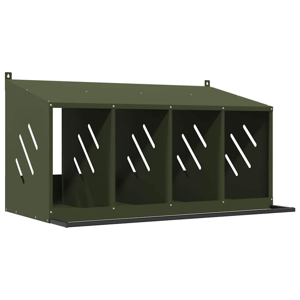Brokky 864343 Nido per Polli con 4 Scomparti in Metallo Verde Oliva Nido per Galline Ovaiole,Ideale Pollaio Interno ed Esterno Tetto Spiovente