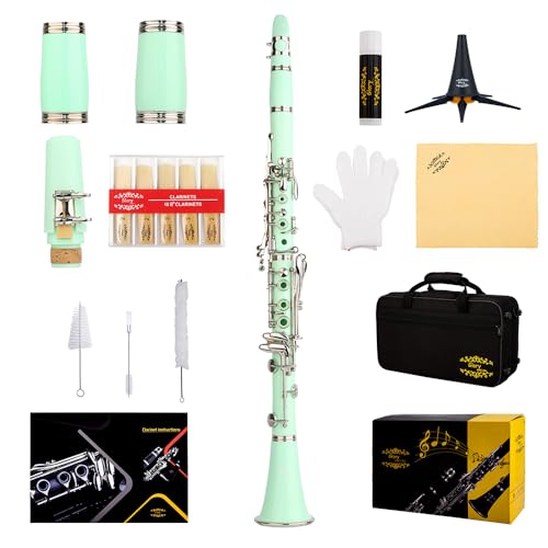 Glory GLY-CLAGN Professional Ebonite Bb Clarinet with 10 Reeds, Stand, Hard Case, Cleaning Cloth, Mouthpiece Brush and Pad Brush,Green