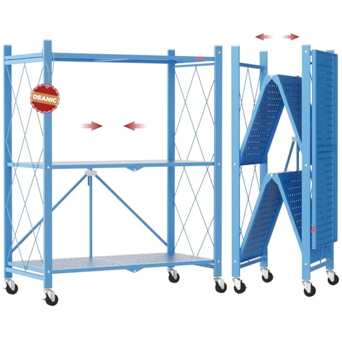 Image of DEANIC 3 Tier Foldable Storage Shelves with Wheels, Kitchen Appliance Stand, Freestanding Metal Wire Shelf Rack, No Assembly Organizer Rolling Cart for Garage, Basement, Pantry(Blue)