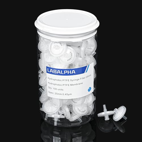 Image of LABALPHA Syringe Filters PTFE 100 Pack Lab Filters Pore Size Hydrophobic Filtration (25mm 0.45μm)