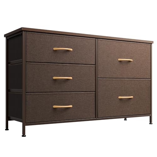 Image of Nicehill Dresser for Bedroom with 5 Drawers, Storage Drawer Organizer, Wide Chest of Drawers for Closet, Clothes, Kids, Baby, TV Stand with Storage Drawers, Wood Board, Fabric Drawers（Brown）
