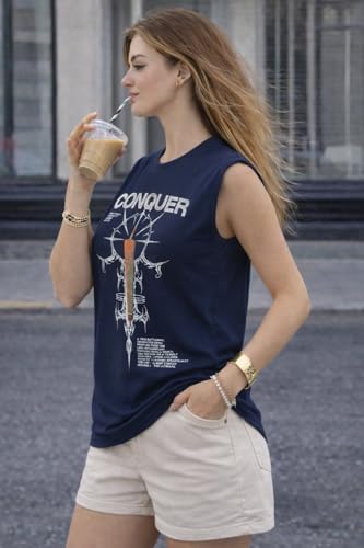 Image of Women's Printed Cotton Sleeveless Vest | Round Neck t-Shirt|Casual Gym Tank Top-M8299