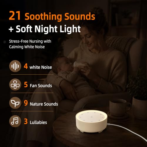 Image of Kipcush White Noise Machine for Sleeping, Baby & Adults, High-Fidelity Non-Looping Sounds, Sleep Sound Machine with Dimmable Night Light, USB Powered, Memory Function, Home, Nursery & Travel