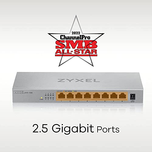 Image of Zyxel 8-Port 2.5GbB MultiGig Ethernet Unmanaged Switch | 8 x 100 /1G /2.5G Mbps Ports | Plug & Play | Metal Housing | Desktop or Wall-Mount | Ethernet Splitter MG-108