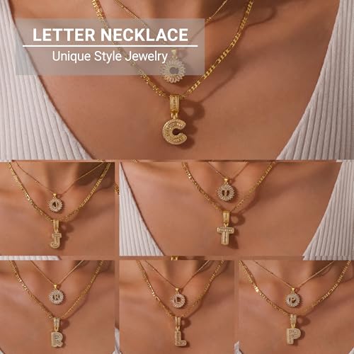 Gold Layered Initial Necklaces for Women, 18K Gold Plated Layering Round Letter Pendant Figaro Chain Letter Choker A-Z Zirconia Letters Name Crystal Jewelry Gifts for Women3