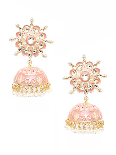 Karatcart Gold Plated Floral Design Pink Meena and Pearl Jhumki Earrings for Women Deal