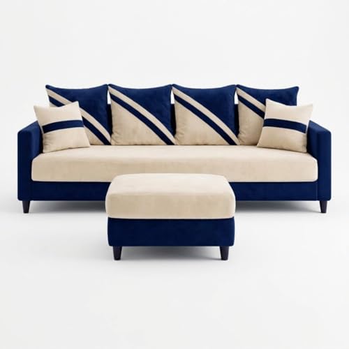 Image of SLEEPIFY Canza 4 Seater Sofa Set with Ottoman (Dark Blue - Cream) | Premium Soft Velvet | Plush Comfort Cushions | Modern Living Room Sofa | Spacious Comfortable Seating