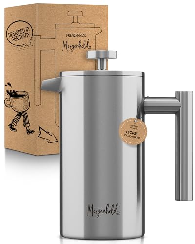 Morgenheld Premium French Press 1l en acier inoxydable – Cafetière à Piston 5 tasses 1000 ml – Presse à café avec filtres de rechange compatible avec...