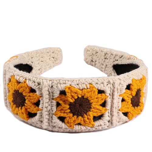 YOOJEE Crochet Headband for Women Handmade Sunflower & Checkered Hair Accessories Stretchable Boho Hair Band (Beige-Yellow-Brown Sunflower)