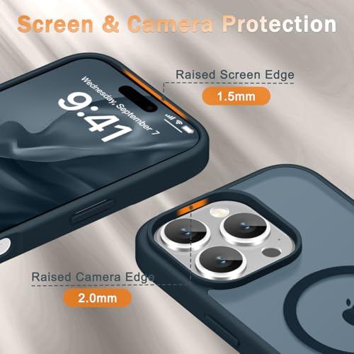 Image of YENAPOON for iPhone 16 Pro Case, Matte Magnetic Phone Cover [with 1 Screen Protector] [Support for MagSafe] [Shockproof Military Grade Protection] Translucent Frosted Back, Navy Blue