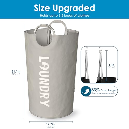 Image of 130L Laundry Basket with Tech Handle, 2in1 Dirty Clothes Hamper Light Grey | Hand & Shoulder Carry, Collapsible Foldable Bin, ABS Handle, 600D Oxford Fabric with Waterproof PE Coating for Dorm, Bathroom