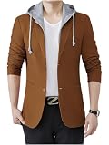 ebossy Men's Removeable Hoodie Blazer Jacket Single Breasted Slim Long Sleeve Cotton Coat (XL, Brown)