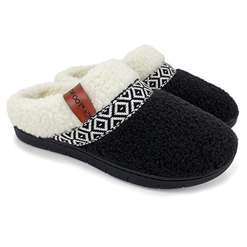 ofoot Womens Winter Warm Cozy House Fur Slippers Slip On Bedroom Shoes Memory Foam Lamb Wool Fleece Lining Indoor Ourdoor Non Skid Rubber Hard Soles