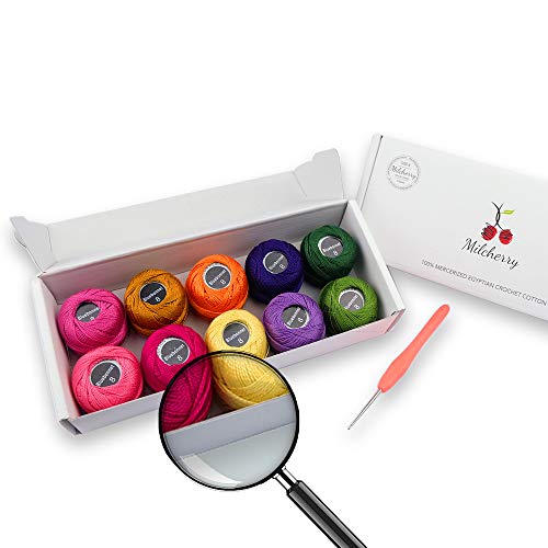 MILCHERRY Crochet Thread Set of 10 Multicolored Cotton Thread with Crochet Hook - Cotton Ball Size 8, 5 Grams, 43 Yards Cotton Yarn for Crochet Embroidery Thread, 100% Mercerized Egyptian Cotton