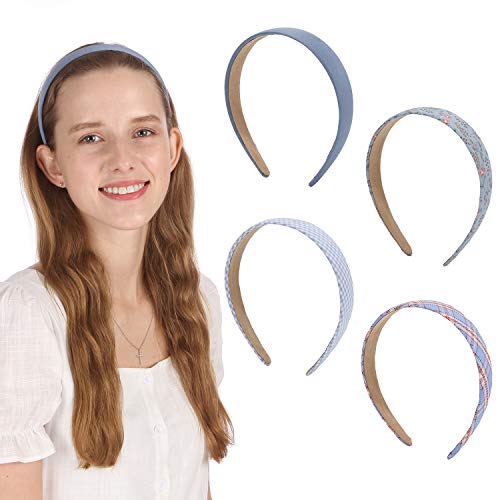 Folora 4pcs Premium 1 Inch Wide Solid Color Floral Plaid Headband Set for Women Girls, Blue-1