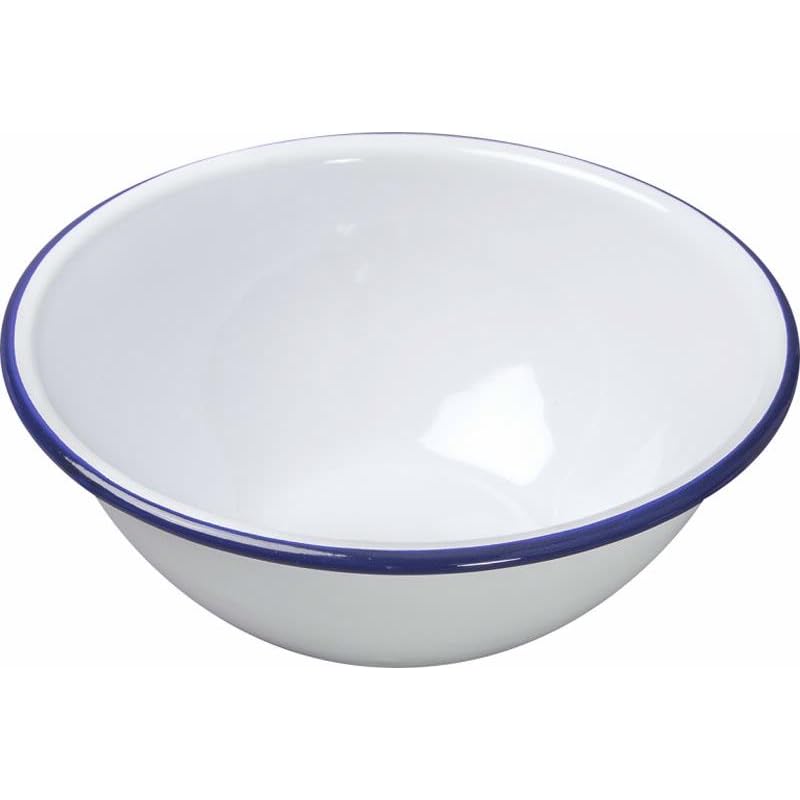 Traditional Enamel Mixing Bowl, White Blue Trim, Round, 24cm