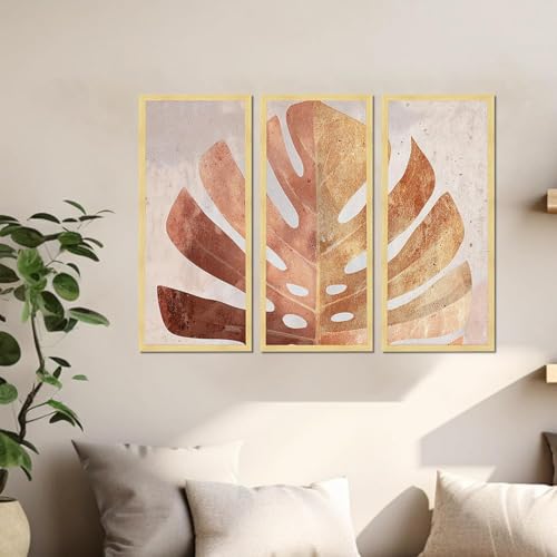 Image of PAINTINGMANTRA Abstract Botanical Framed Wall Art Set of 3 | Modern Boho Leaf & Landscape Prints | Engineered Wood Frame Wall Decor for Living Room, Bedroom & Office, 8.9x18.9 Inch