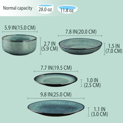 Image of Ceramic cutlery set, 16 pieces, 4-serving, modern style, includes salad plate and cereal bowl, microwave and dishwasher safe, misty green.