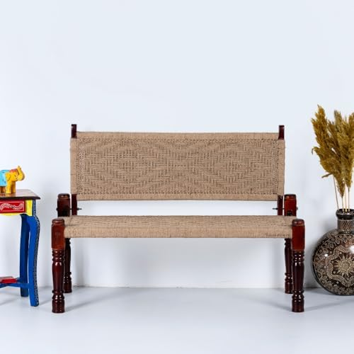 Image of Srima Wooden Bench for Living Room | Handcrafted Sheesham Wood Backrest Bench for Balcony & Garden | Traditional Rajasthani Patio for Outdoor with Jute Handwoven Rope | Jute