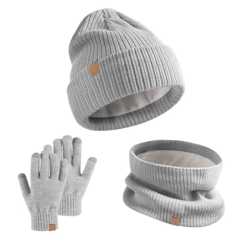 GWAWG Juego de gorro, bufanda y guantes de invierno para niños, 3 piezas, cálidos gorros de punto térmico, cuello cálido, guantes de pantalla táctil, forro interior de forro polar suave, elástico para