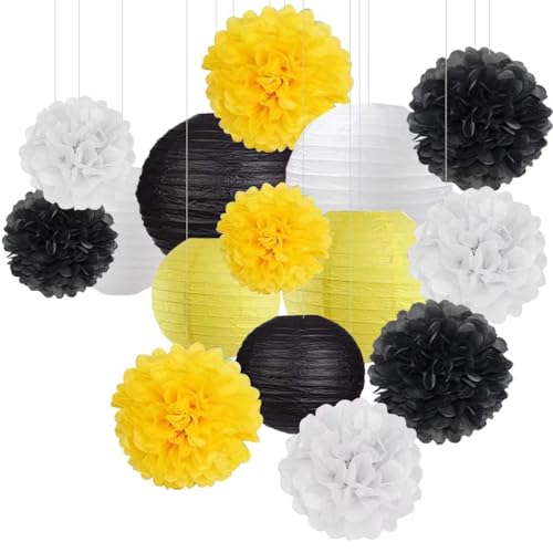 Image of KAXIXI 15-Pack Black Yellow Party Decorations, Paper Lanterns & Pom Poms